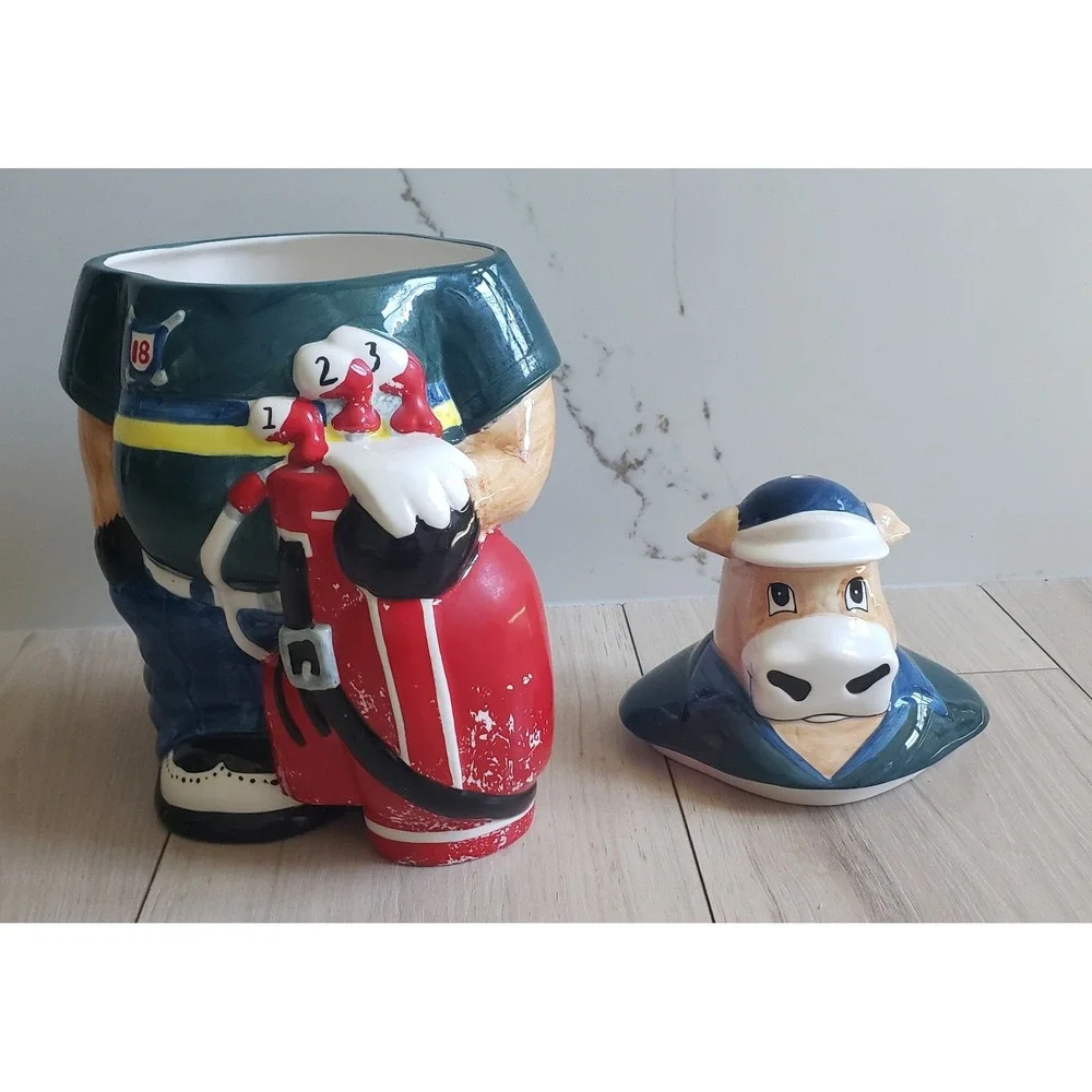 Vintage Cow Cookie Jar Golfer‎ Ceramic Whimsical Kitchen Decor 12 Inch
